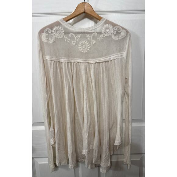 Free People To the Sea Lace Cream Oversized Long-Sleeve Henley Blouse Top, M - Picture 8 of 9